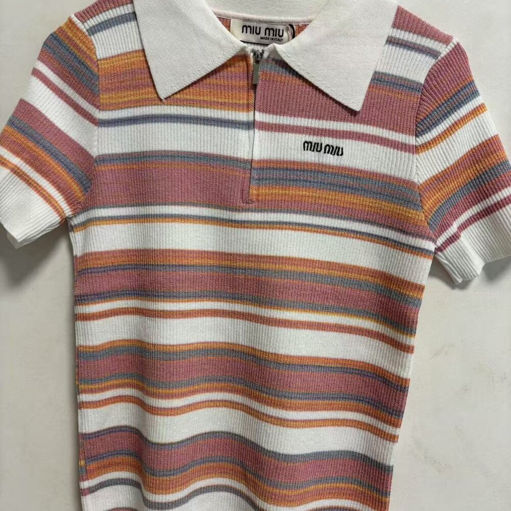 Miu Miu Striped Ribbed Knit Polo Shirt
